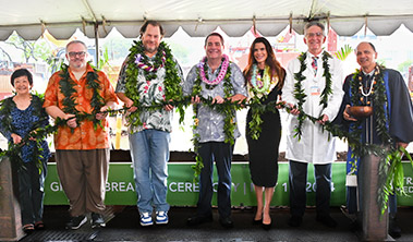Group holding maile lei as part of a groundbreaking ceremony.