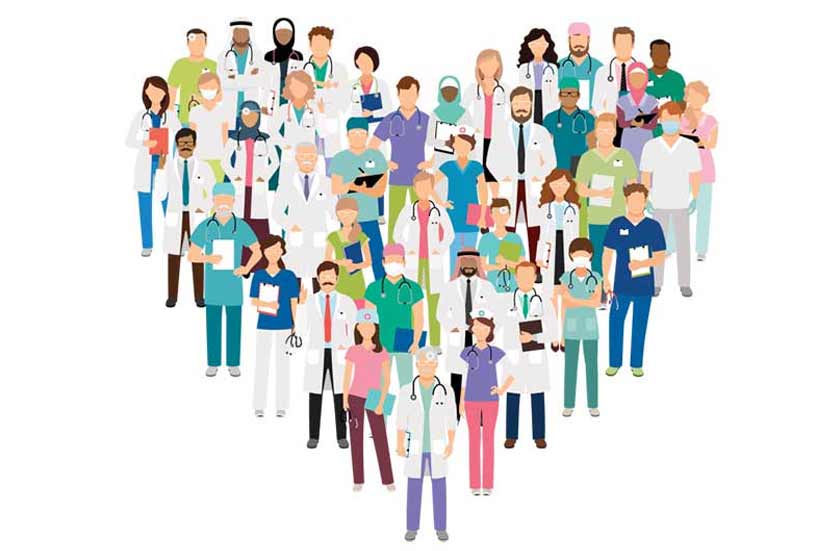 Illustration showing many types of healthcare workers forming a heart shape.