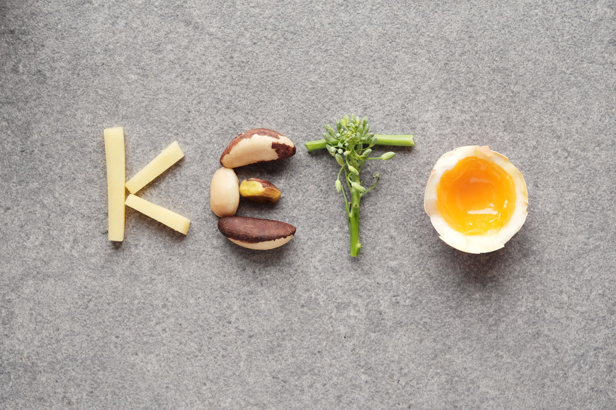 cheese, nuts, broccoli and a soft-boiled egg spell out the word "KETO"