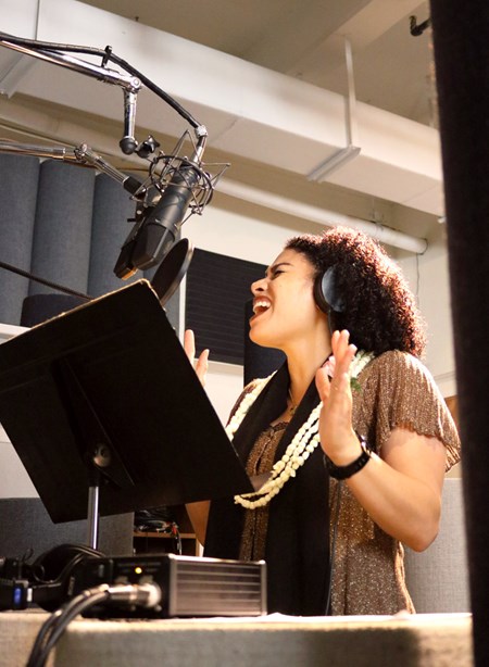 Ahia belts out the chorus to 'This Is Me' during the recording session held in a downtown Honolulu studio.