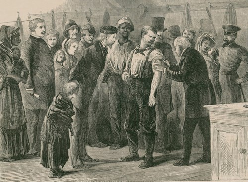 This illustration depicts a physician vaccinating the poor of New York City against smallpox in 1872. In 1863, mass production of the smallpox vaccine was developed, allowing for broad immunization of North American and European populations.