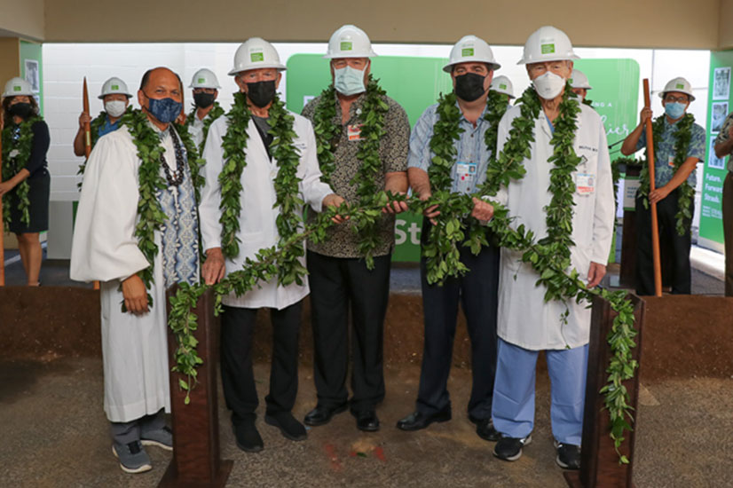 Kahu and VIPs with maile lei at groundbreaking ceremony for Straub Medical Center Redevelopment