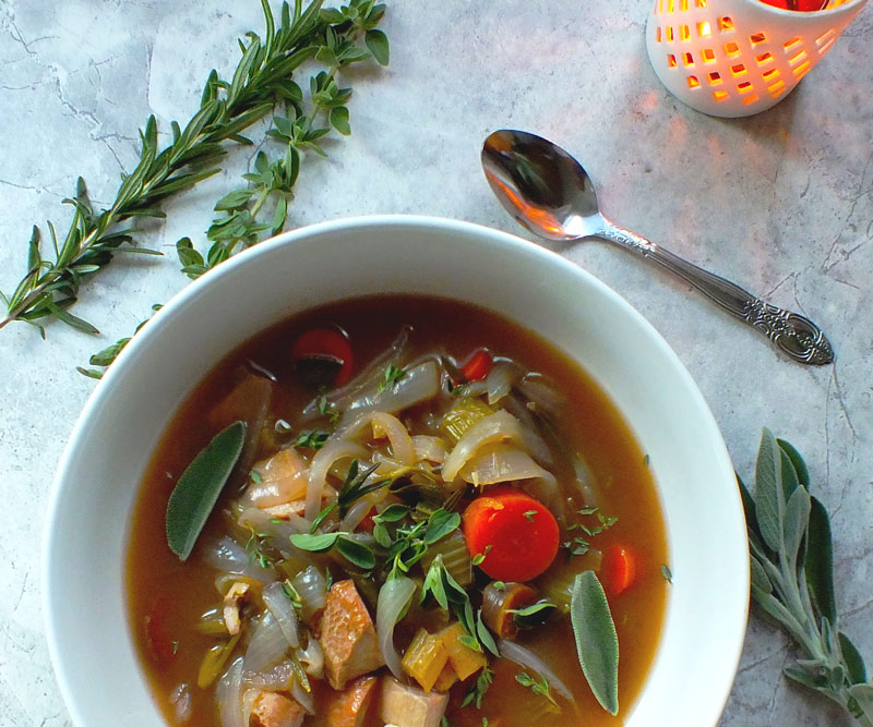 Turkey Soup with Turmeric, Ginger & Fresh Herbs in bowl