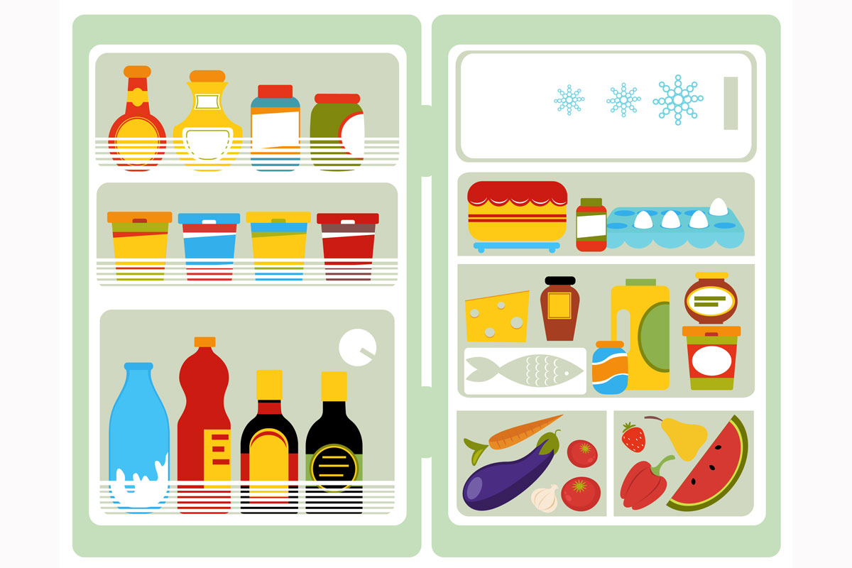 an illustration of food inside a refrigerator