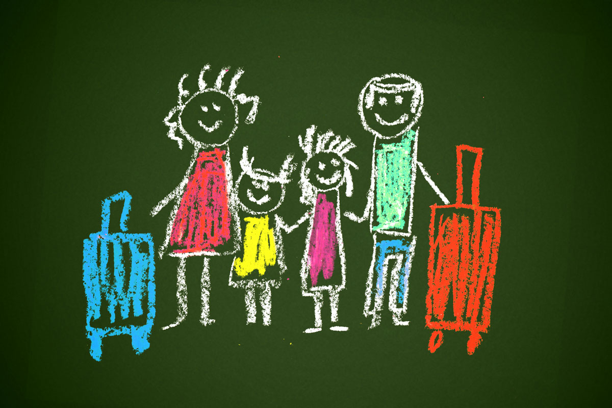 hand drawn family with suitcases done with crayons