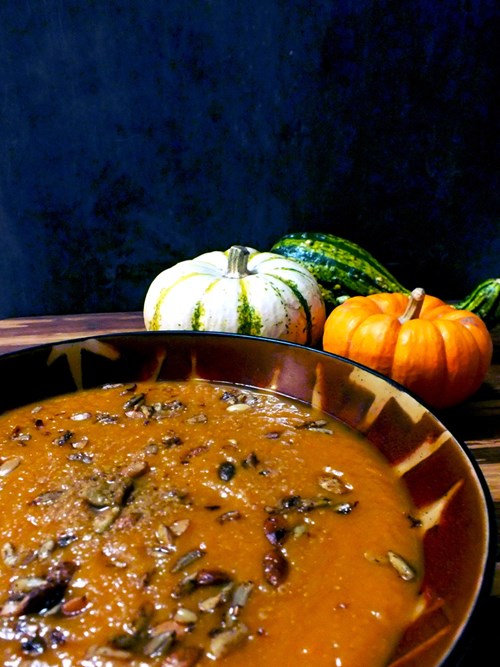 Roasted pumpkin seeds make a welcome addition to savory dishes, like this Cinderella Pumpkin Soup.