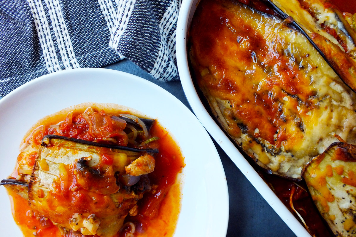 Baked Eggplant with Zucchini Spaghettini in bowl