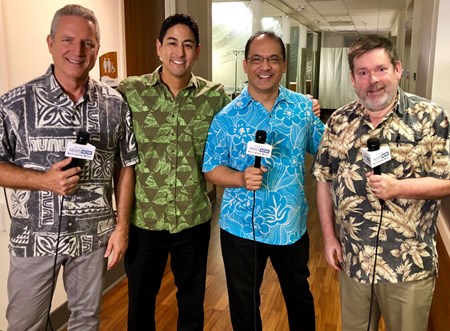 Hawaii News Now Sunrise reporters (from left) Dan Cooke, Steve Uyehara, Billy V and Howard Dicus took a field trip to the infusion center at Pali Momi July 20, 2018, for a live broadcast.