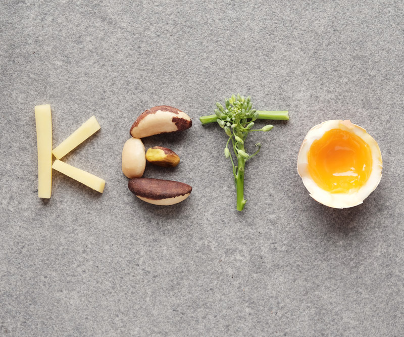 cheese, nuts, broccoli and a soft-boiled egg spell out the word "KETO"