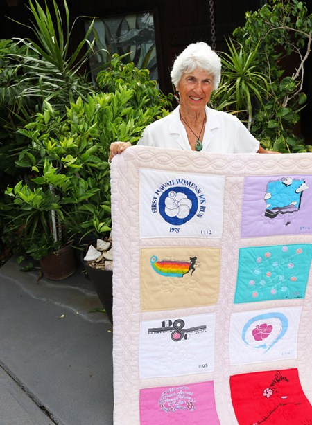 The first of Gerry's four quilts features the first decade of Women's 10K finisher shirts. Gerry enjoys looking back at how the designs evolved to reflect the style of the times.