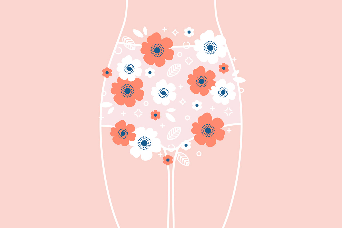 an illustration of a female wearing high-cut briefs with flowers surrounding the pubic area