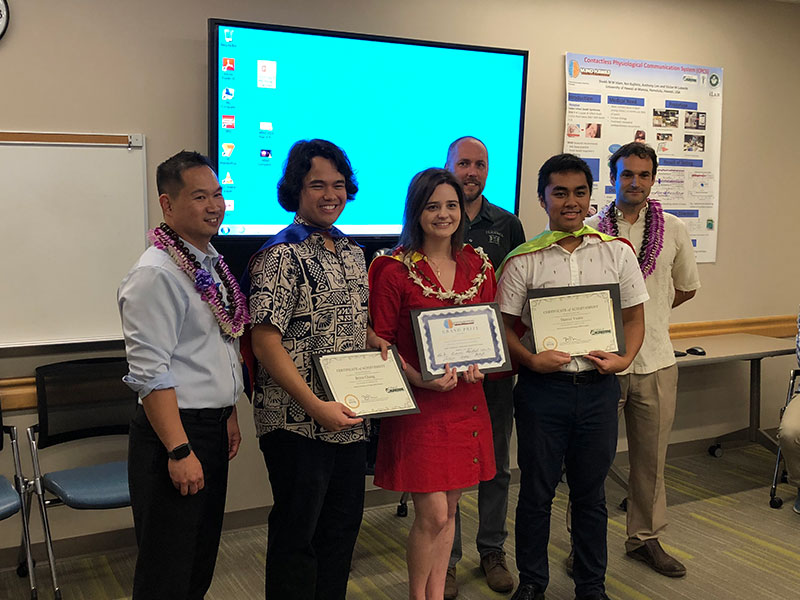 Three MIND Hawaii advisors with winning team of three students holding award certificates