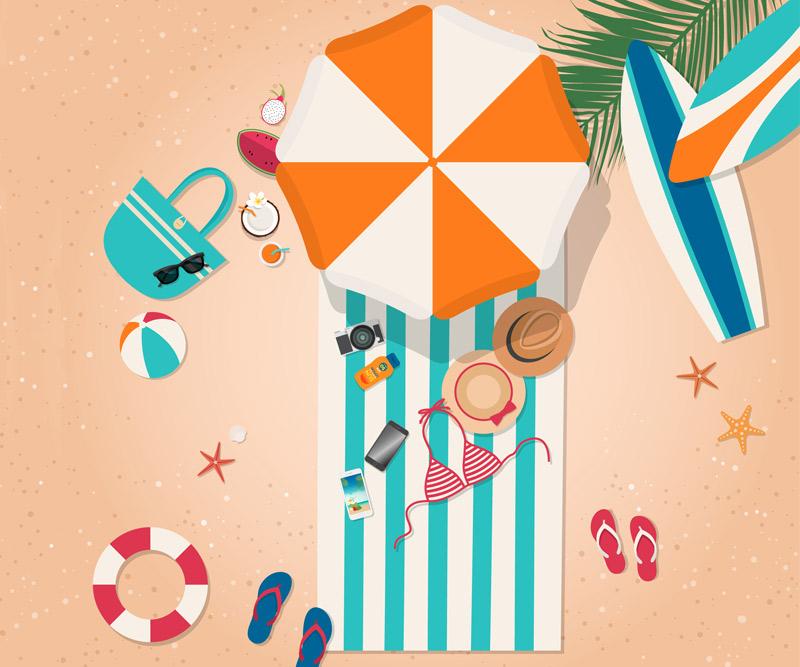 flatlay illustration of a beach bag laying out on a towel with sunglasses, sunscreen, hat, healthy fruits, cell phones, safety flotation device, sandals and swim suits underneath a large beach umbrella