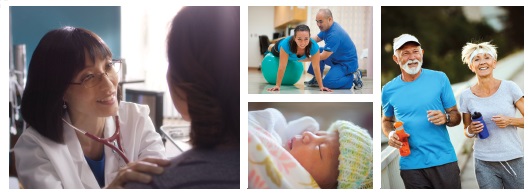 An assembly of different health related images. Doctor with patient, baby and physical therapy.