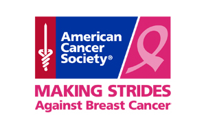 women at the finish line of making strides with pink confetti