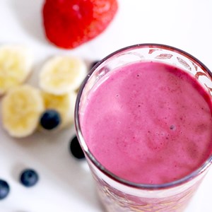 The smoothie’s pretty pink hue comes from a mixture of strawberries and blueberries, which are high in fiber while low in calories and sugar.