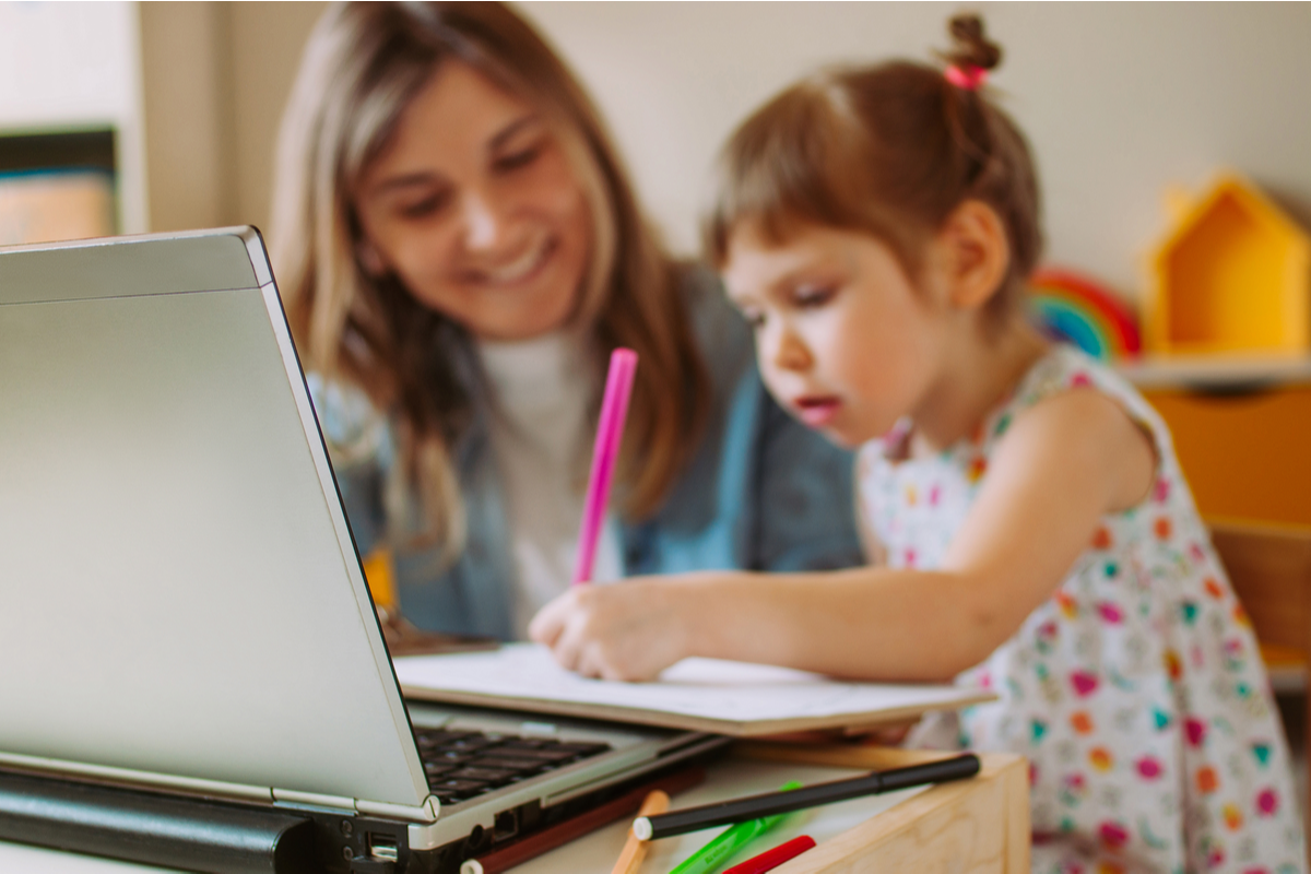 Mother and Daughter Learning from Home