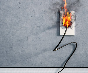 fire and smoke on electric wire plug in electrical outlet