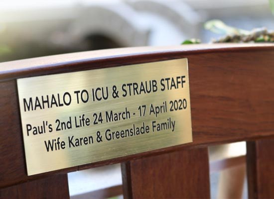  The Greenslade’s donation helped purchase a new bench for Straub’s Healing Garden, a landscaped open-air space located next to the Cancer Center where patients, loved ones and staff can go for a moment of tranquility or reflection.