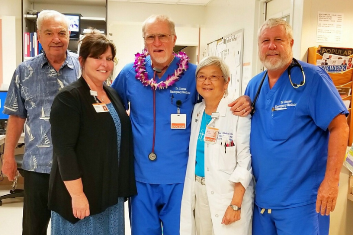 Group shot of doctors and medical professionals. Left to right: Dr. Roger Netzer, ear, nose and throat; Jen Chahanovich, Wilcox Medical Center president and CEO and Kauai Medical Clinic CEO; Dr. Monty Downs, emergency medicine; Dr. Geri Young, Kauai medical director; and Dr. Robert Conrad, emergency medicine.