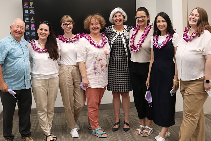 Group shot including Ukrainian delegates with Kapi‘olani Medical Center for Women & Children Chief Operating Officer Gidget Ruscetta (center) and Rotary Club of Honolulu Sunset’s Winton Schoneman