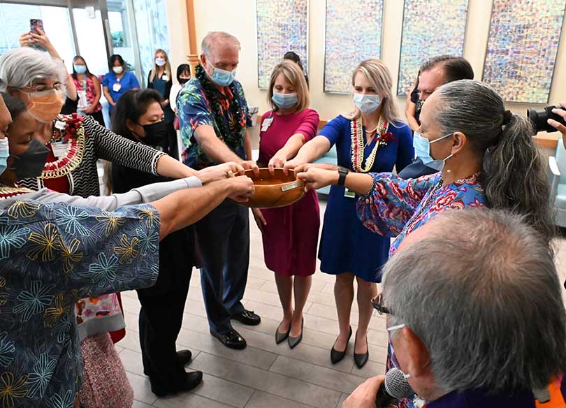 Circle of leaders at the blessing ceremony for the Dr. James T. Kakuda Cancer Center at Pali Momi Medical Center.