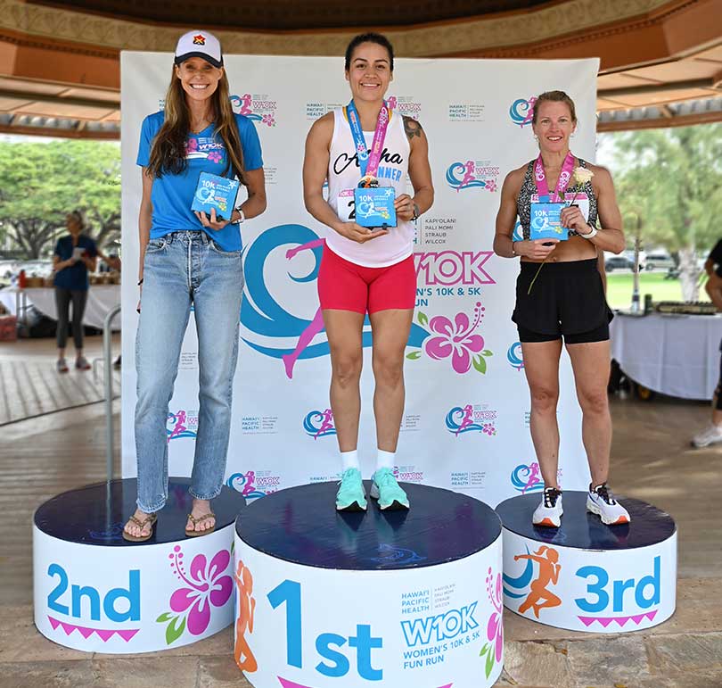 winning female runners in the 10K race standing on podiums for first second and third.