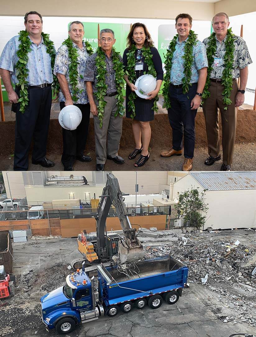 Two images, top showing group shot of people at groundbreaking, bottom showing building demolition site and equipment.