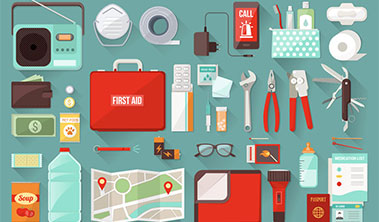 illustration of safety supplies including radio, first aid, water bottles