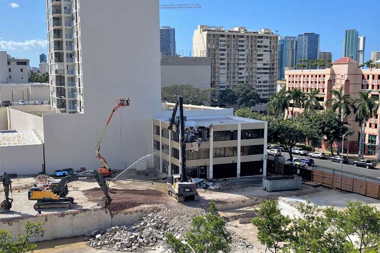 Crews make progress on demolition of the former building of the Physical Therapy and Occupational Therapy Health Services located on 800 South King Street.