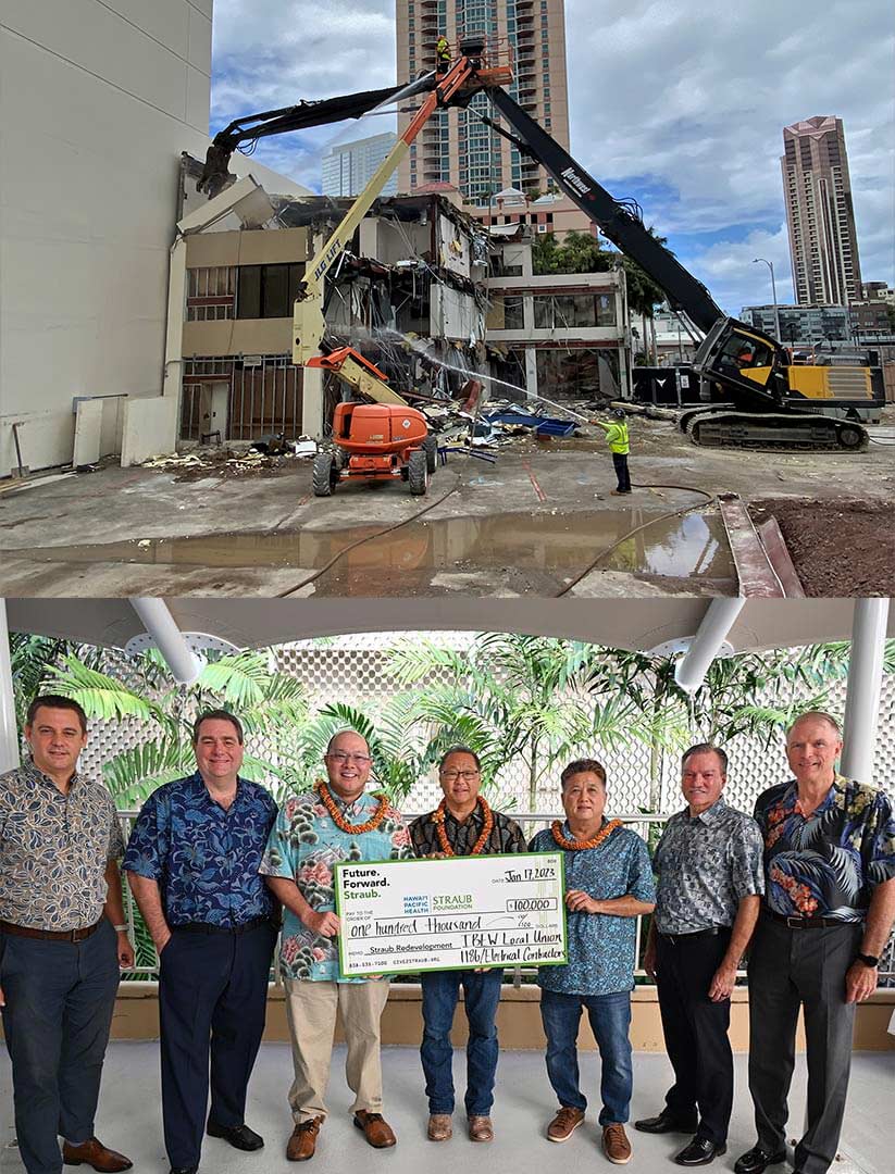Two images, top showing building demolition site, bottom showing group shot with giant donation check.