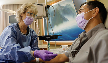 Patient receiving cancer care.