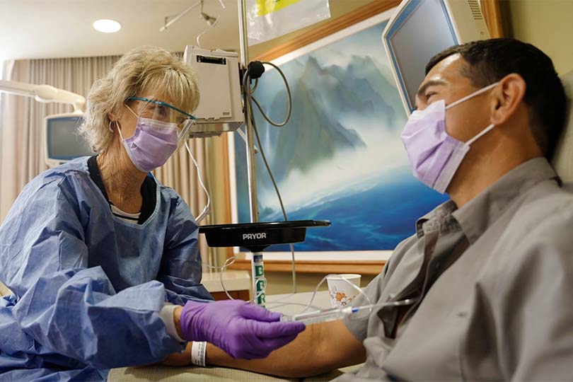 Patient receiving cancer care.