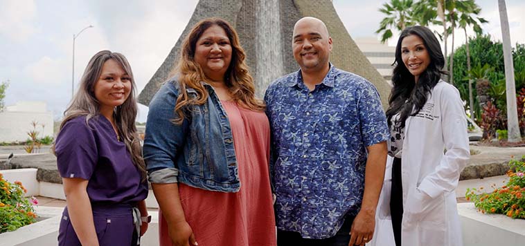 Cravalho family and caregivers outside Pali Momi Medical Center.