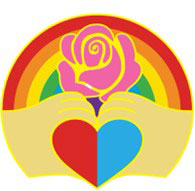 Illustration of a celebratory pin with rose, heart and rainbow.