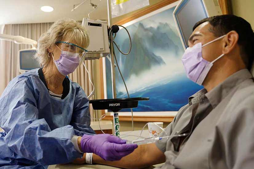 Patient receiving cancer care.