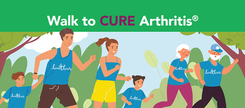Walk to Cure Arthritis illustration showing people of all ages smiling and walking.
