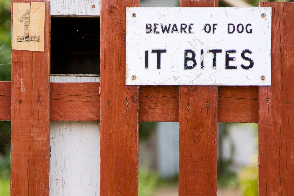 a wooden gate with a sign that says "Beware of Dog It Bites" nailed to it