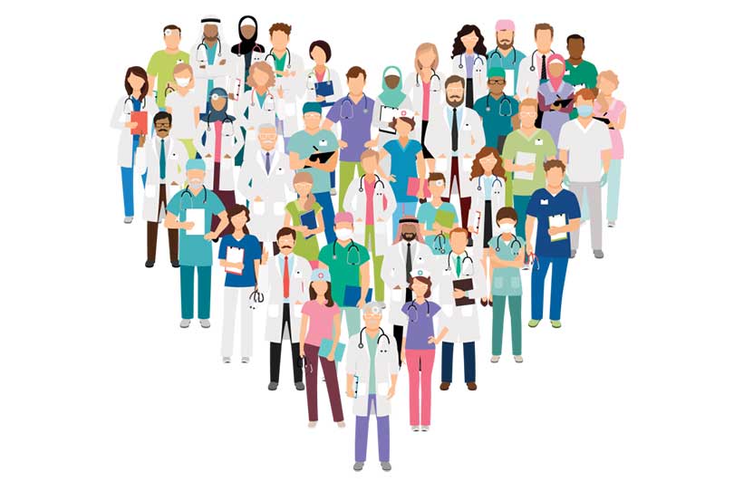 Illustration showing many types of healthcare workers forming a heart shape.