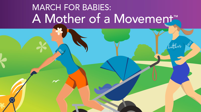 Illustration of moms walking while pushing strollers.