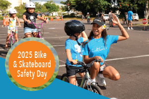 Kids on bikes with adult going for a high five and text overlay 2025 Bike & Skateboard Safety Day.
