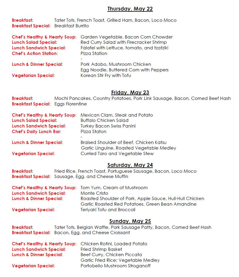 Weekly menu at Kapiolani Medical Center.