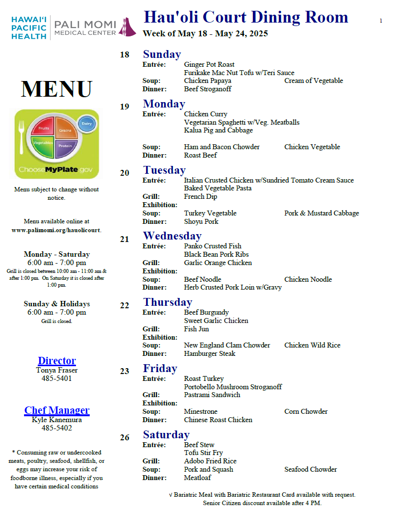 Pali Momi Medical Center weekly menu.