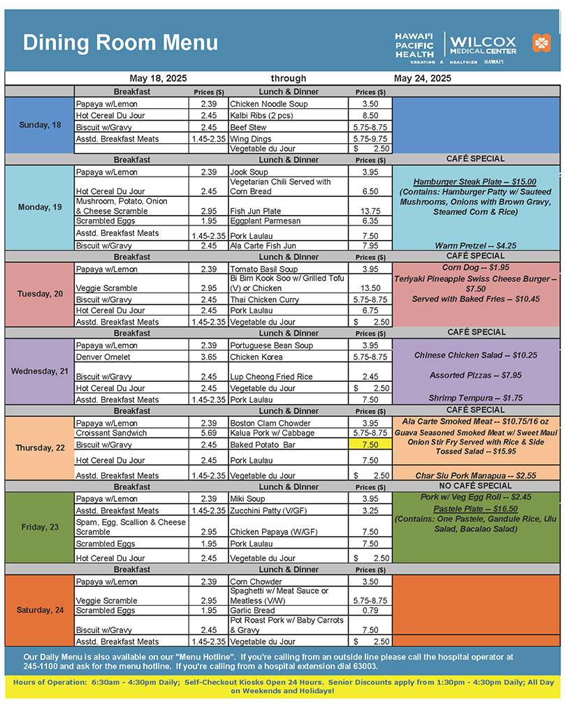 Wilcox Medical Center weekly menu.