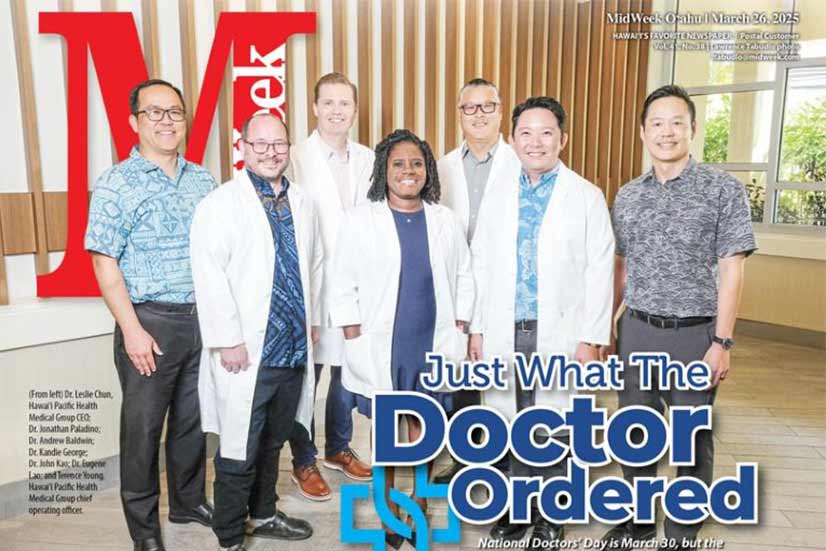 Cover of MidWeek with five doctors in white coats and the CEO and COO of Hawaii Pacific Health Medical Group.