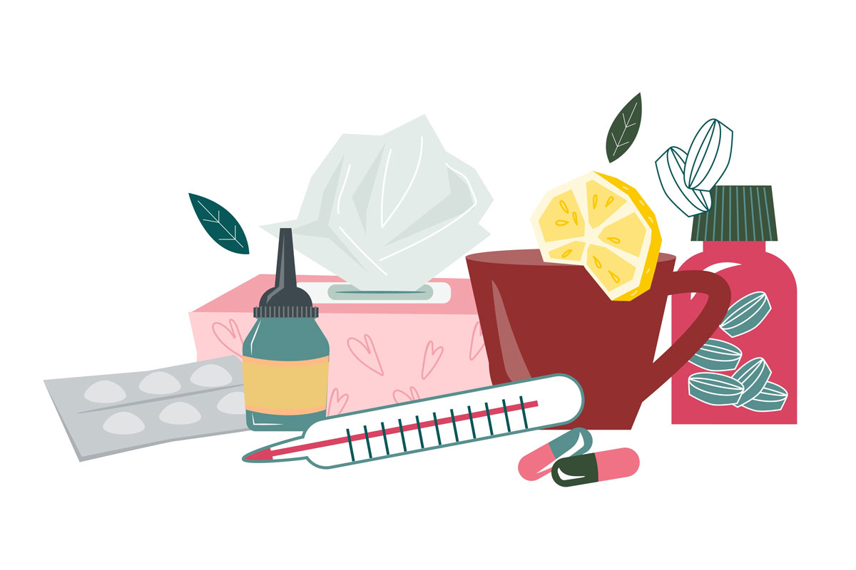 an assortment of medications, tea and tissue box