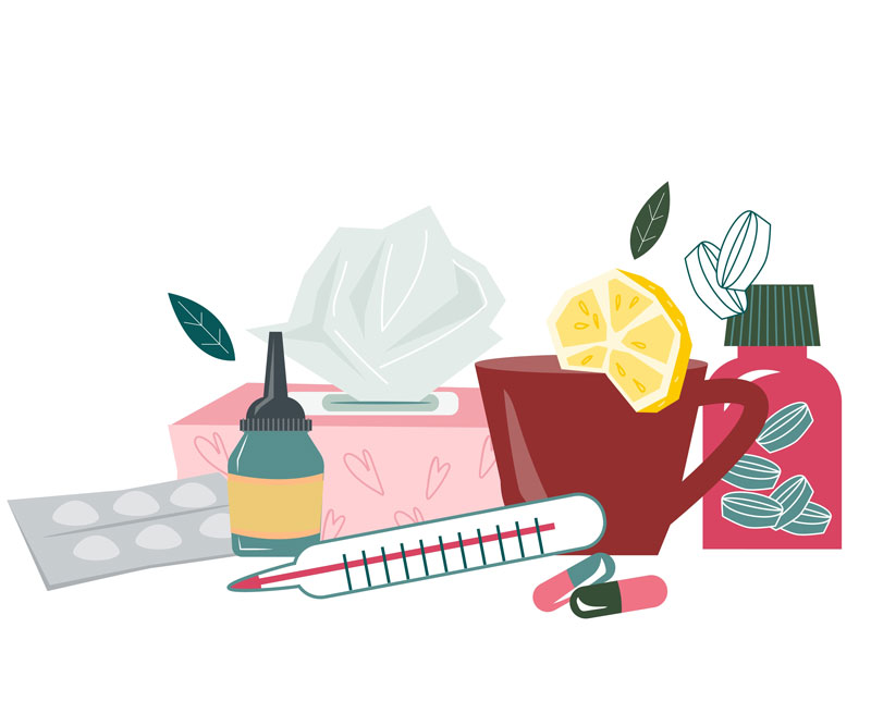 an assortment of medications, tea and tissue box