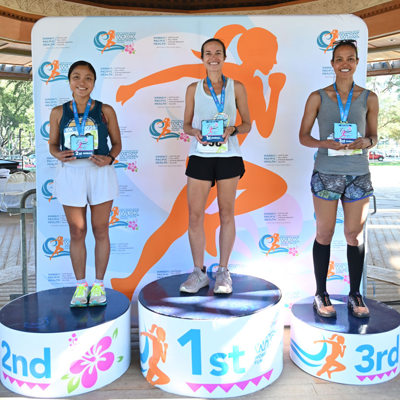 Three female race winners on first, second and third place podiums.
