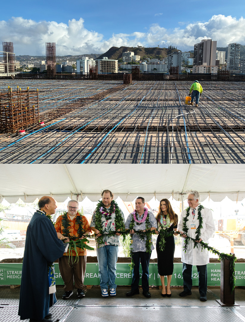 2 images. Top: Construction worker preps section of the new parking lot's ninth floor. Bottom: Kahu Kordell Kekoa performs Hawaiian blessing at the ground breaking of the Straub Benioff redevelopment as HPH leaders and Marc and Lynne Benioff hold a maile lei.