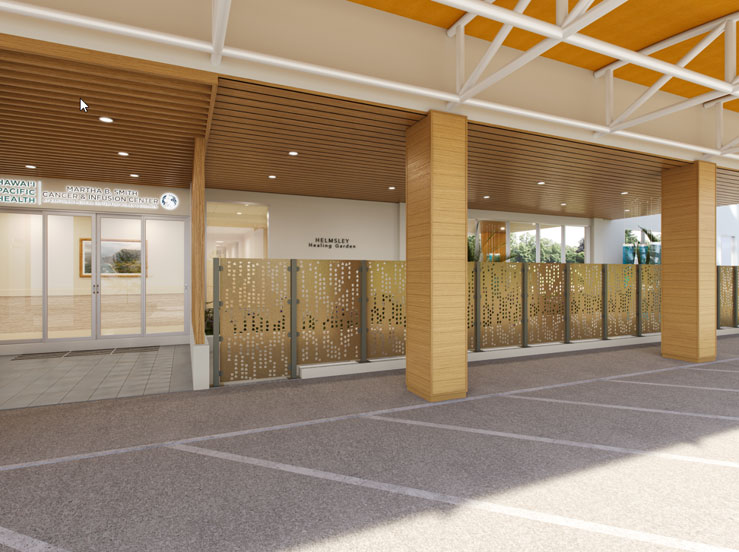 Artist rendering of the healing garden area of the new Martha B Smith Cancer Infusion Center.